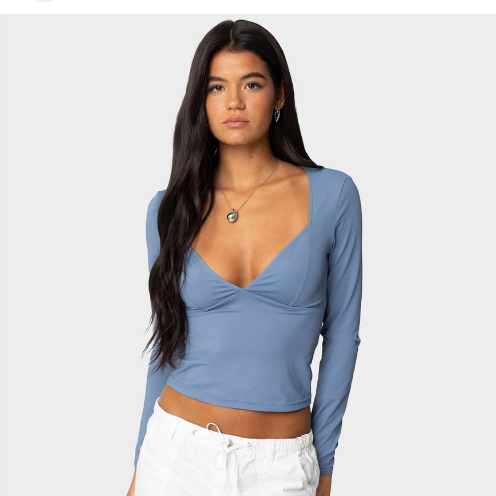 Edikted Dusty Blue Long Sleeve V-Neck Fitted Top